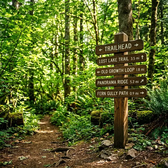 A detailed wooden trail signpost indicating hiking paths at a trailhead in a lush green forest.