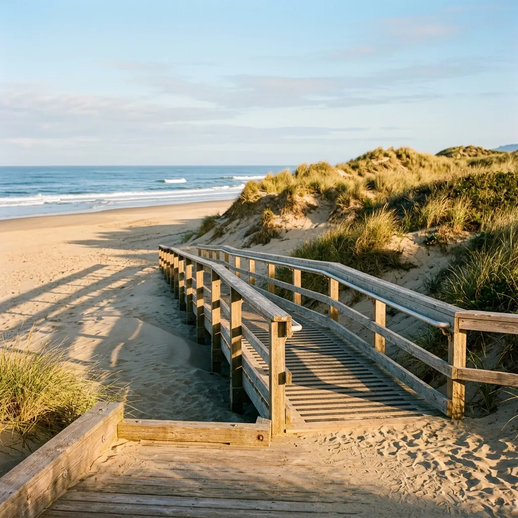 Sturdy wooden ramp providing stroller access to a clean sandy beach during morning hours
