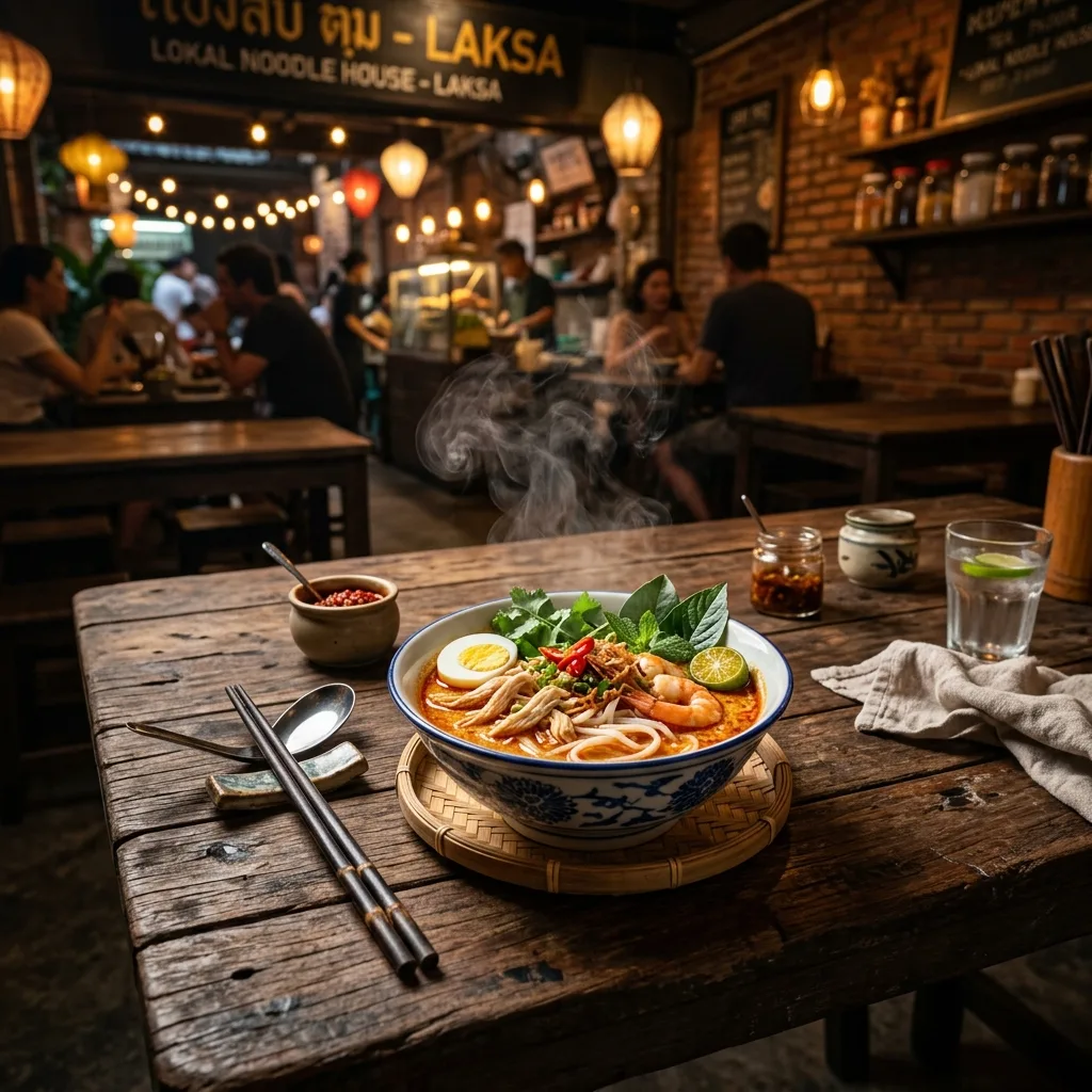 A rustic wooden dining table in a cozy local street food cafe with a steaming bowl of fresh local noodles.