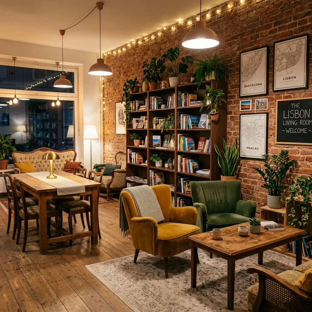 A cozy modern community dining area and common room decorated with warm wood and plants