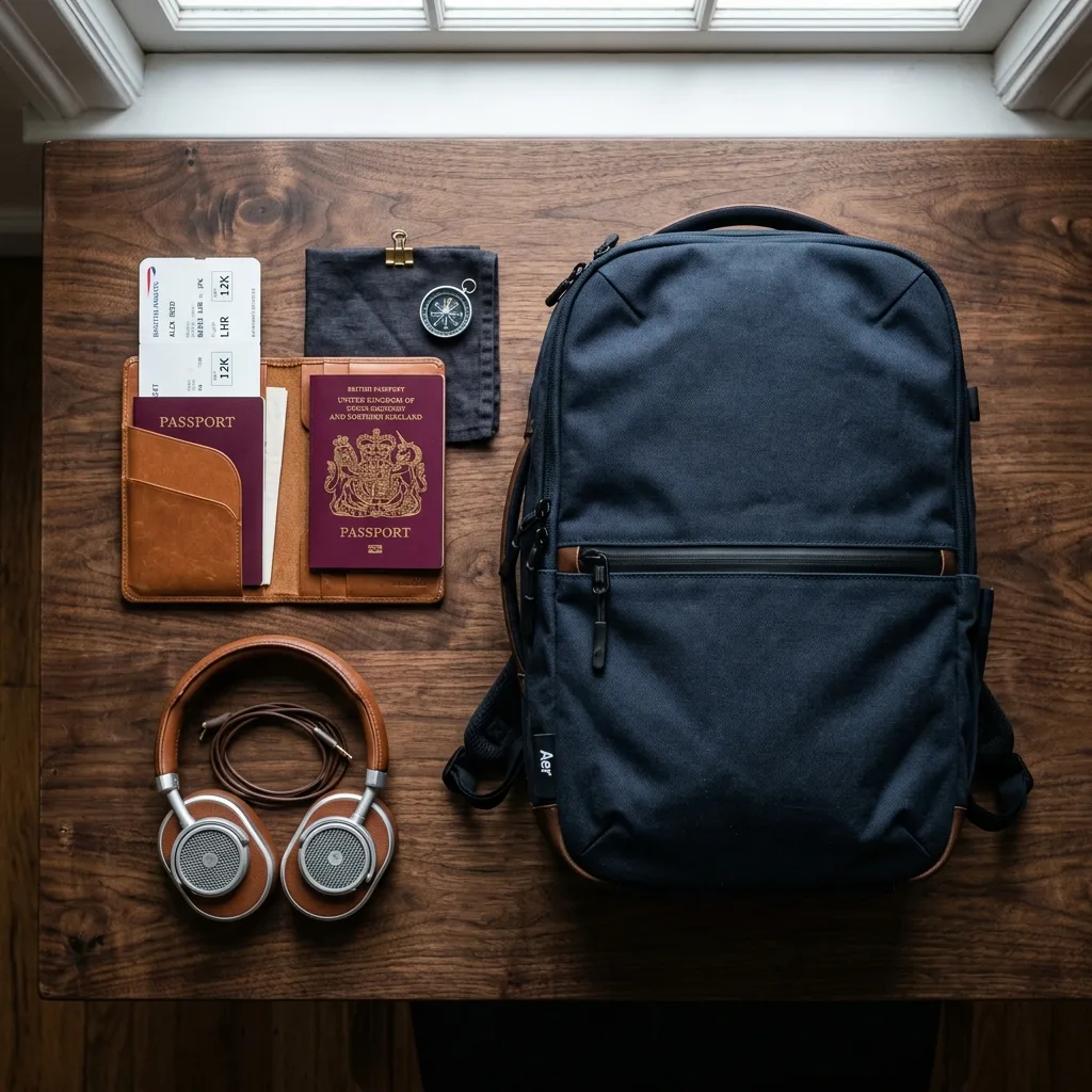 Travel planning gear with passport boarding pass and backpack