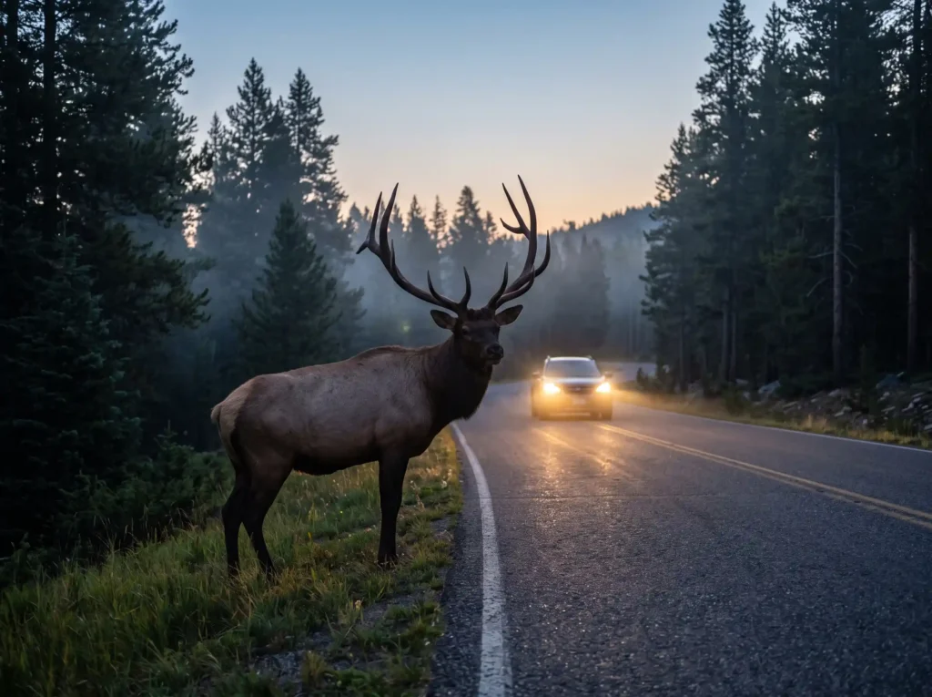 A wild elk stands at
