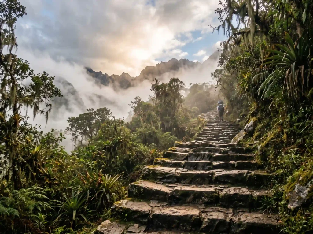 Ancient stone steps climb through