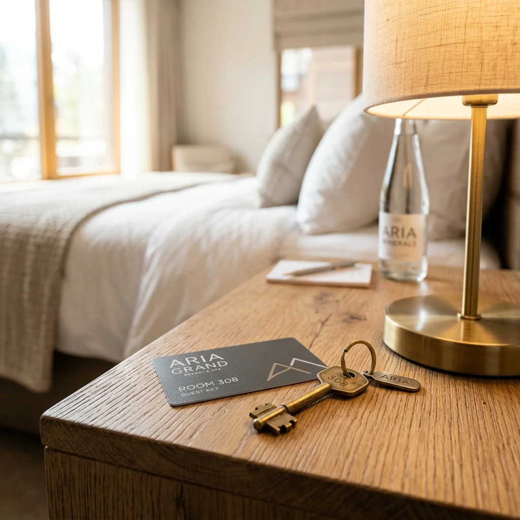 A modern hotel keycard and a metal key resting on a clean wooden nightstand under a soft glowing lamp.