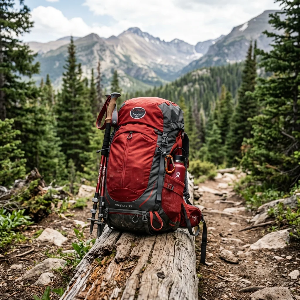 A modern red and grey mountain backpack resting on a log next to a hiking trail
