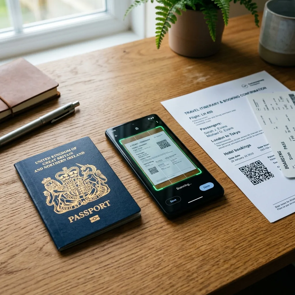 A dark blue passport next to printed paper documents and a smartphone displaying a document scanner app.