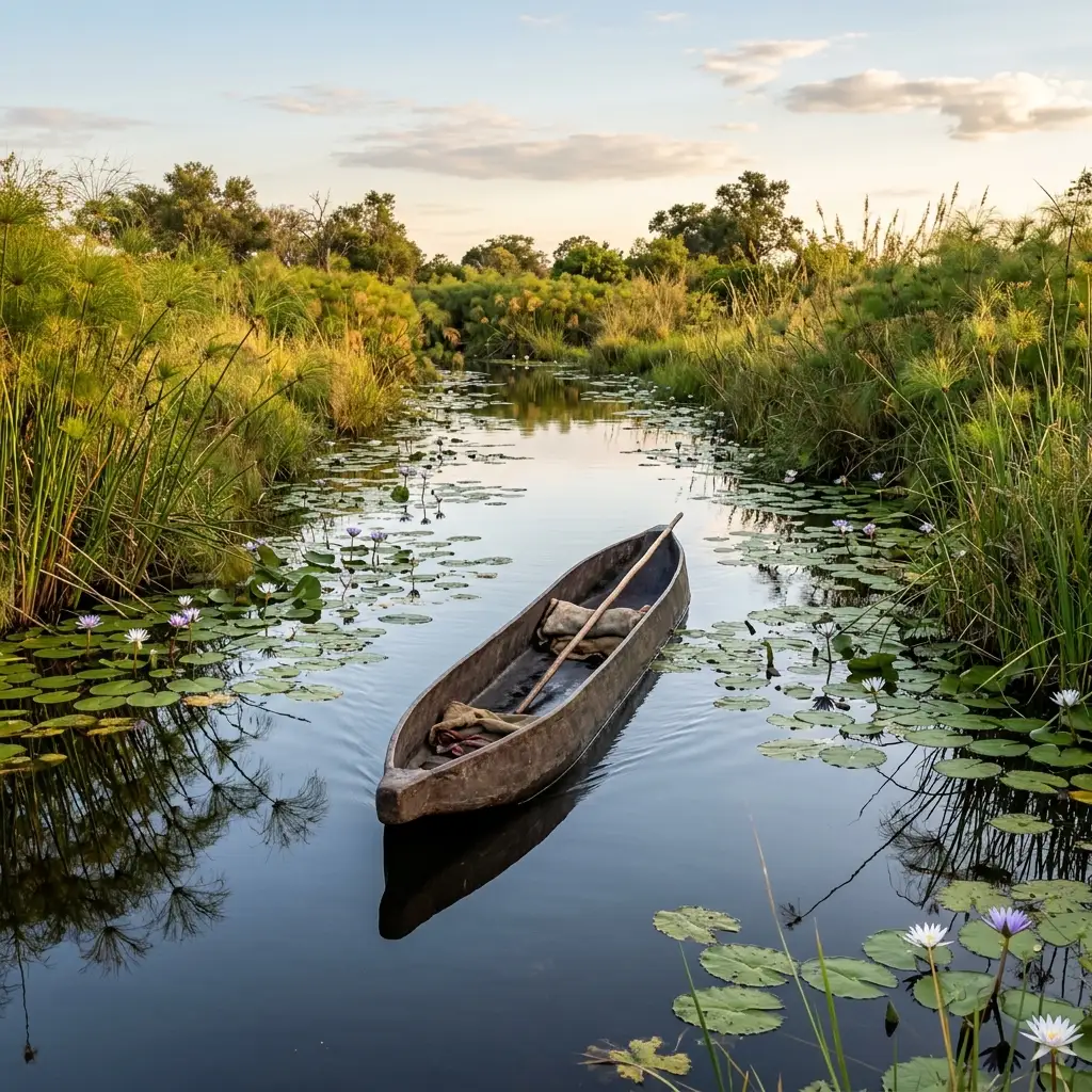 Traditional mokoro canoe poled through the quiet waterways of Okavango Delta