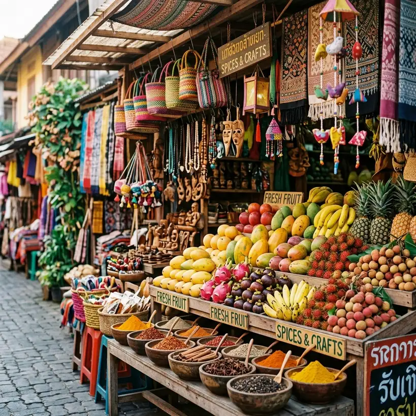 A colorful outdoor street market stall filled with neatly stacked fresh tropical fruits and spices.
