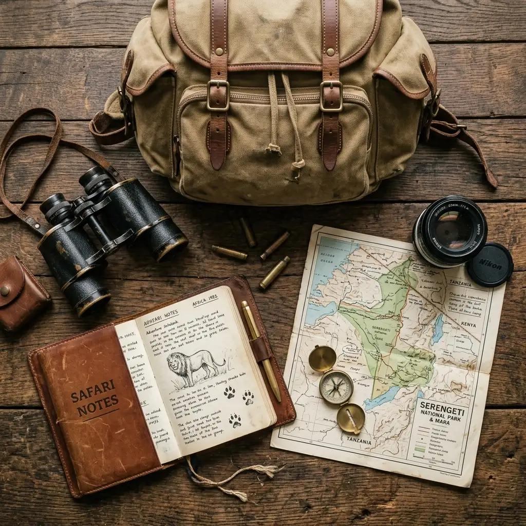 Essential safari gear with binoculars camera lens notebook and map on wooden table
