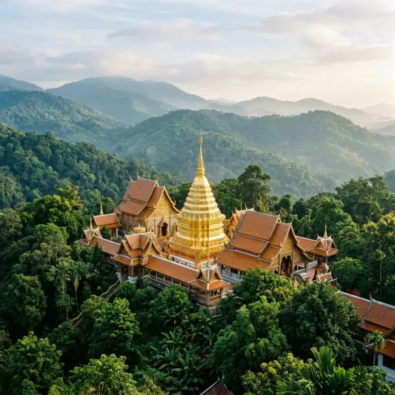 Historic Buddhist temple nestled in the green mountains of Northern Thailand
