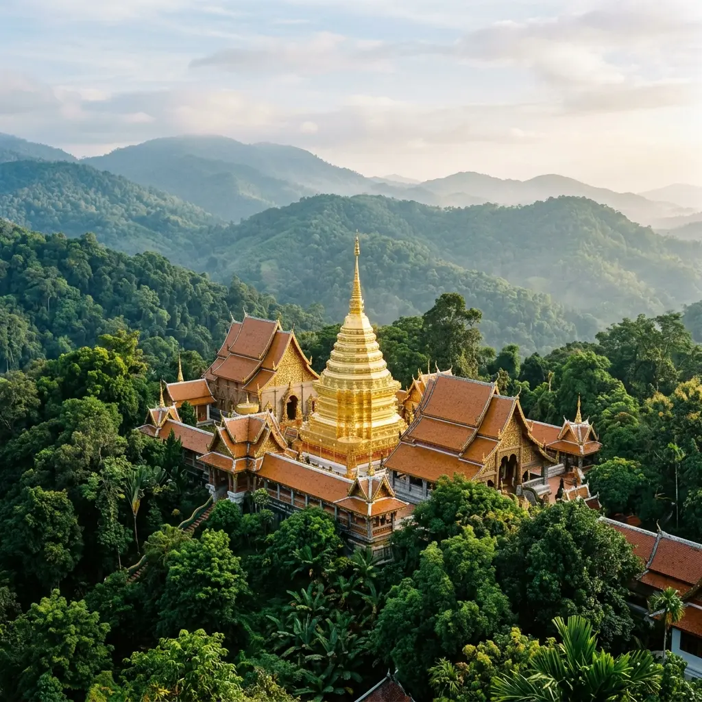 Historic Buddhist temple nestled in the green mountains of Northern Thailand