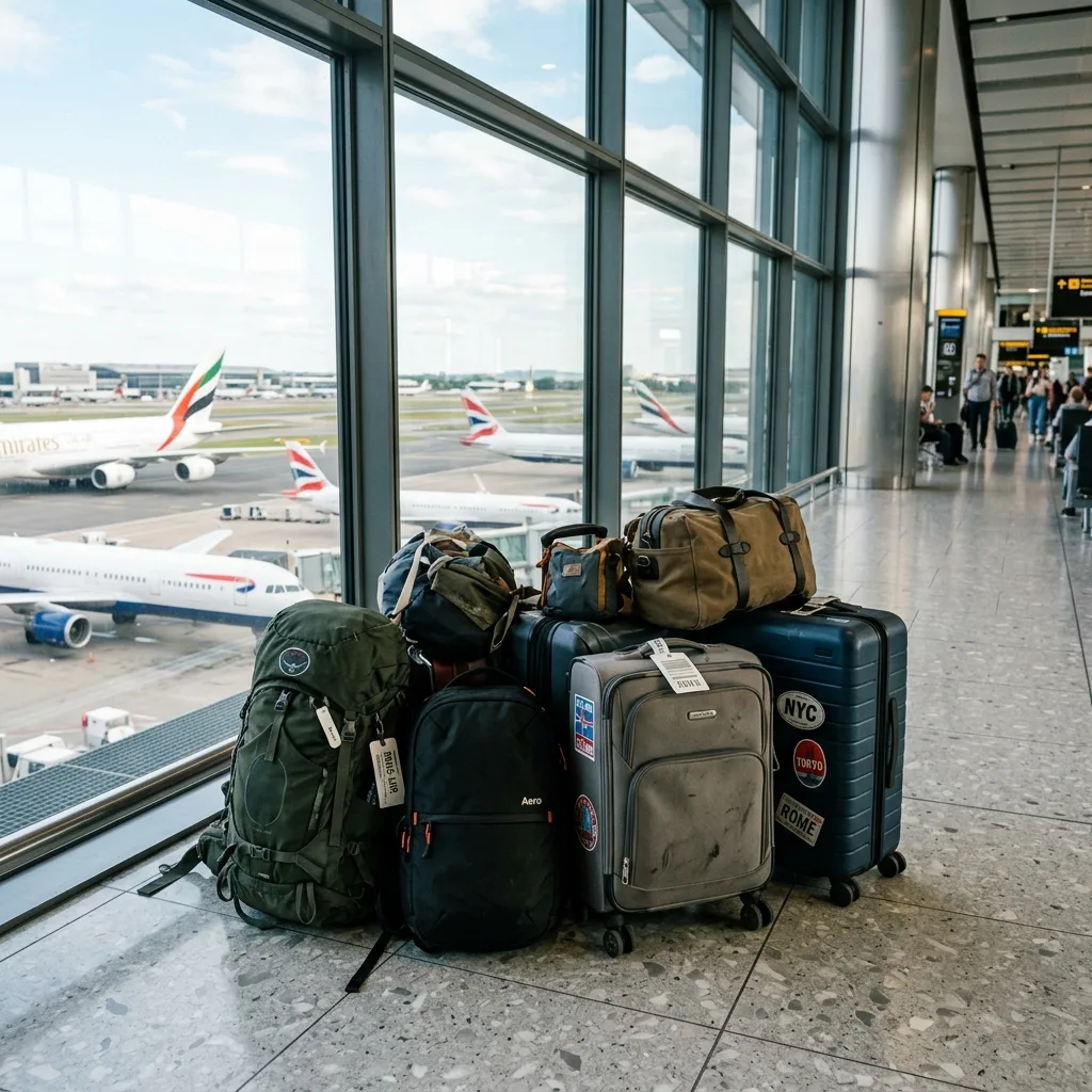A collection of travel backpacks and suitcases clustered together near a large airport terminal window.