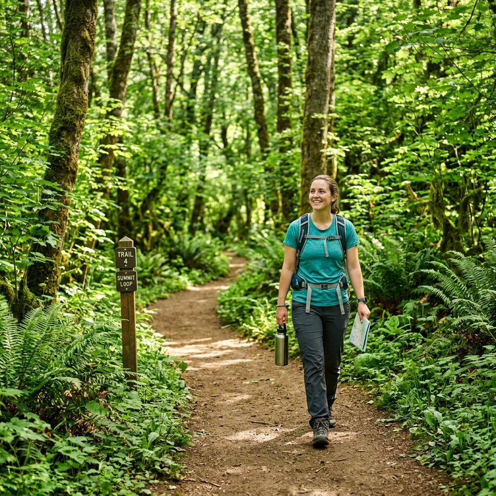 A beginner hiker walking on a well-marked scenic dirt trail in a dense green forest