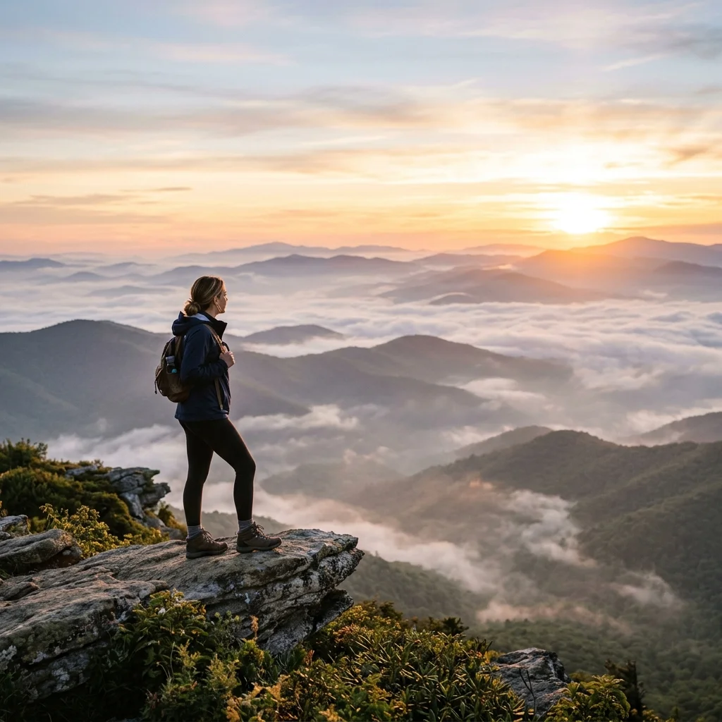 Scenic mountain overlook at sunrise with a traveler gazing at mist covered valleys