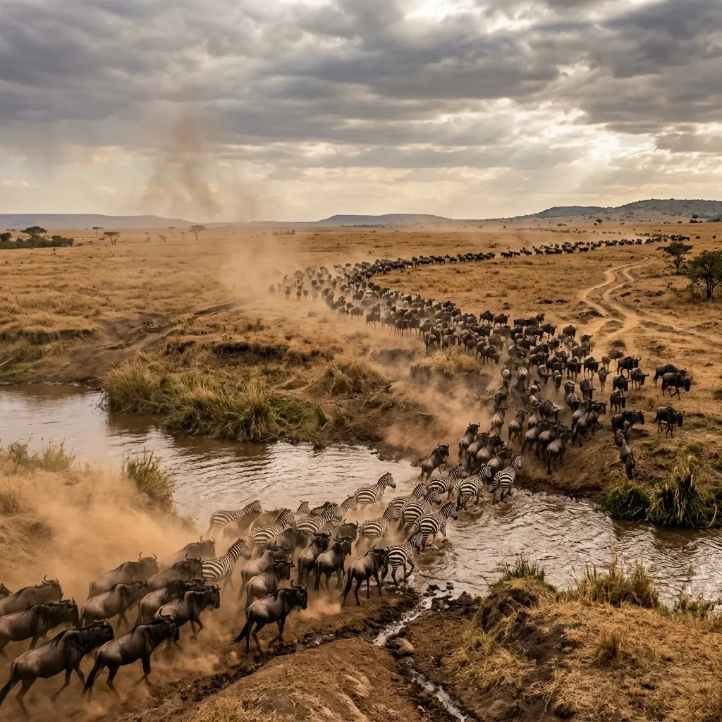 Great Migration herds of wildebeest and zebras moving across the African plains