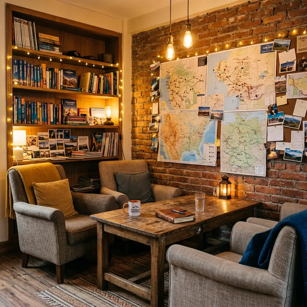A cozy hostel common room with a rustic wooden table and travel maps on a brick wall.