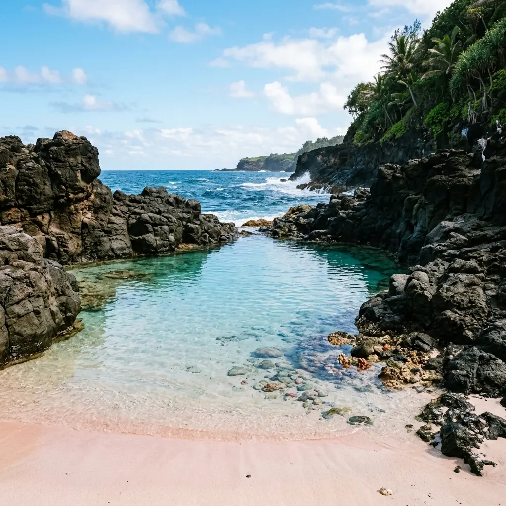 Sheltered tide pool on a beach enclosed by volcanic rocks with calm clear water