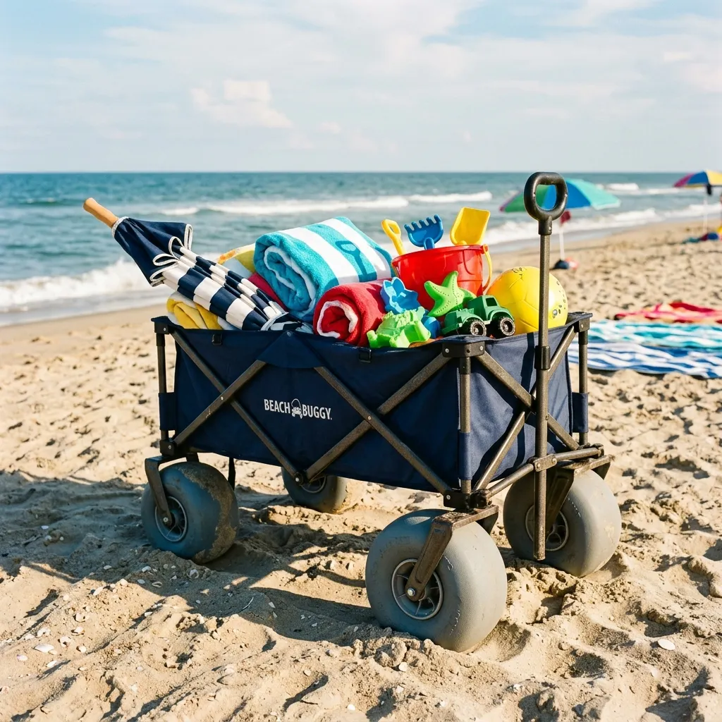 A heavy-duty beach wagon with wide wheels loaded with an umbrella, towels, and kids sand toys