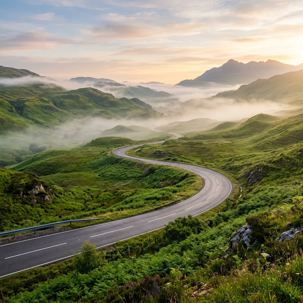 Scenic road winding through lush green hills under morning fog