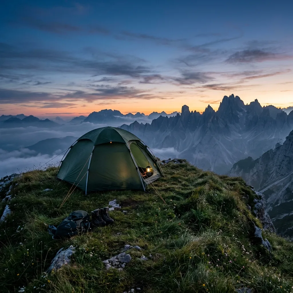 A classic orange camping tent pitched on a grassy ridge at dawn, overlooking misty mountains