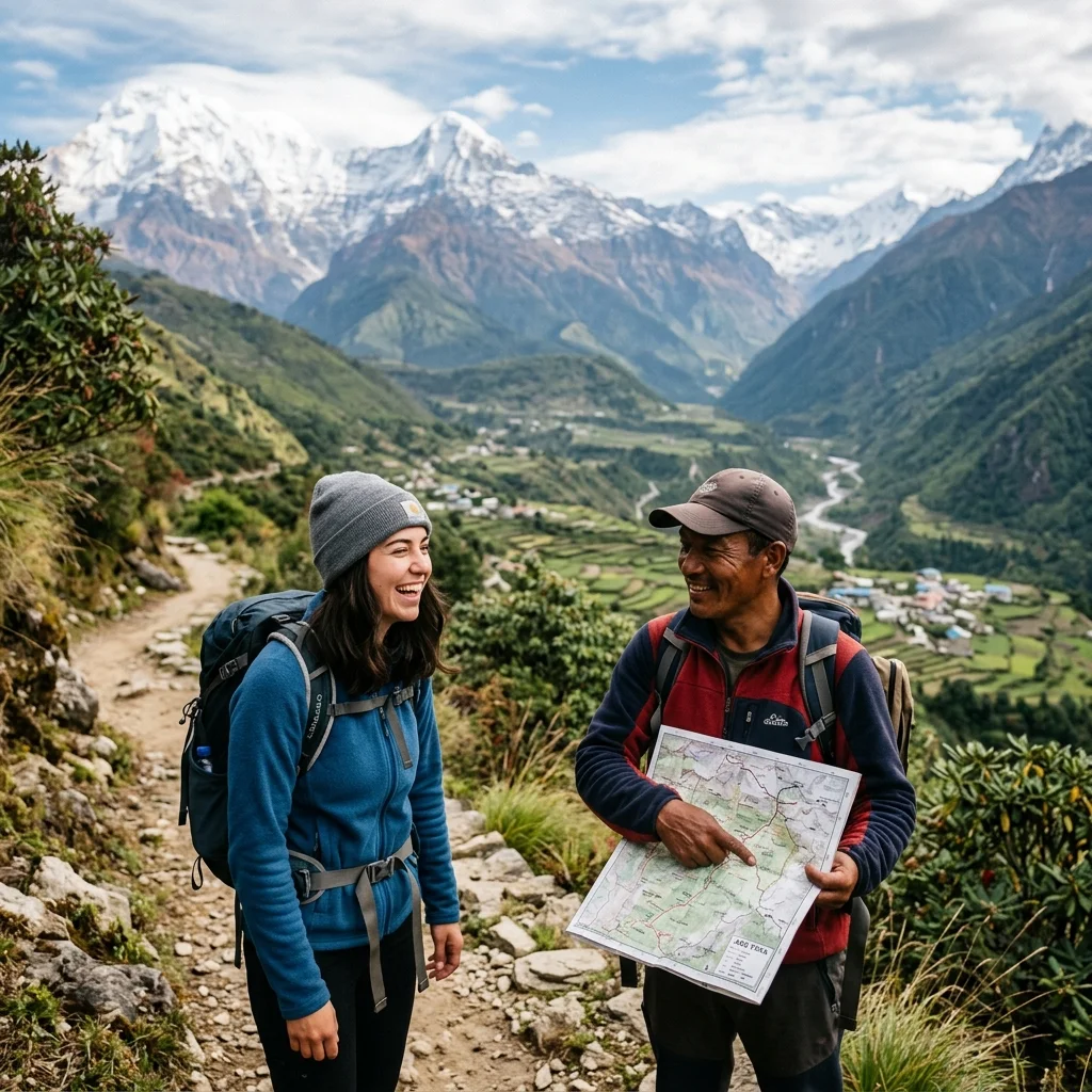 A friendly local guide explaining trail route details to a traveler on a mountain hike