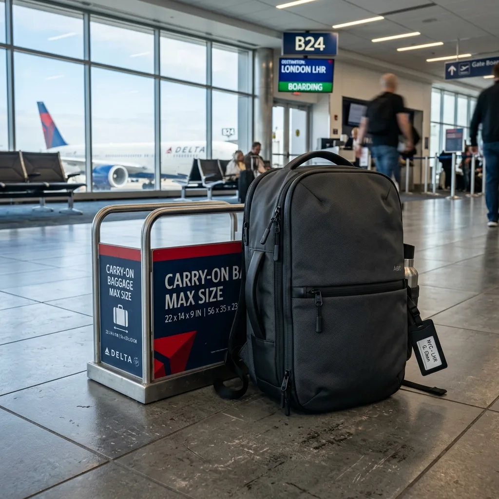 A sleek grey carry-on travel backpack positioned next to a black baggage sizing bin at an airport departure gate
