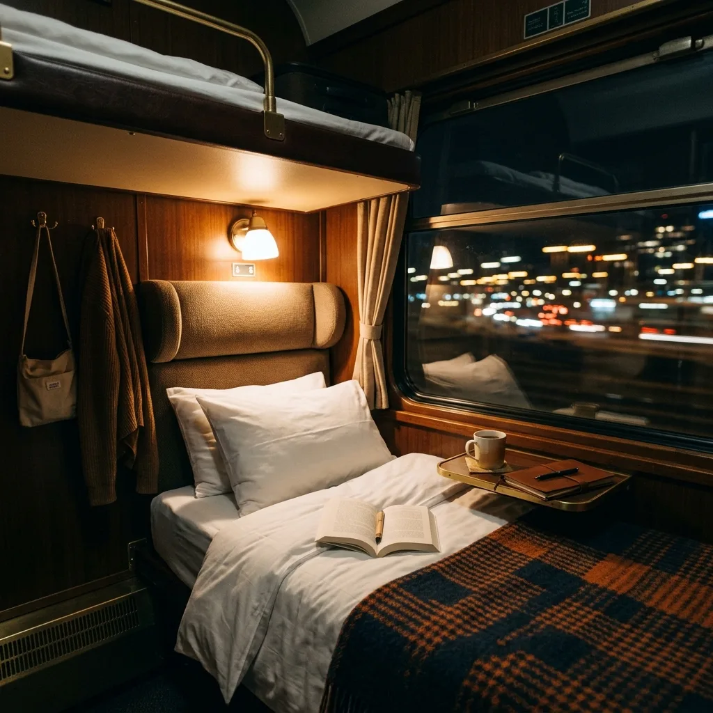 A warm and inviting sleeper train compartment compartment at night, with a cozy bed and window reflections