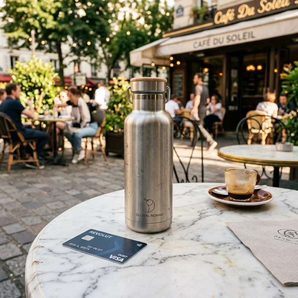 A stainless steel refillable water bottle and a teal Wise debit card placed on a white marble tabletop