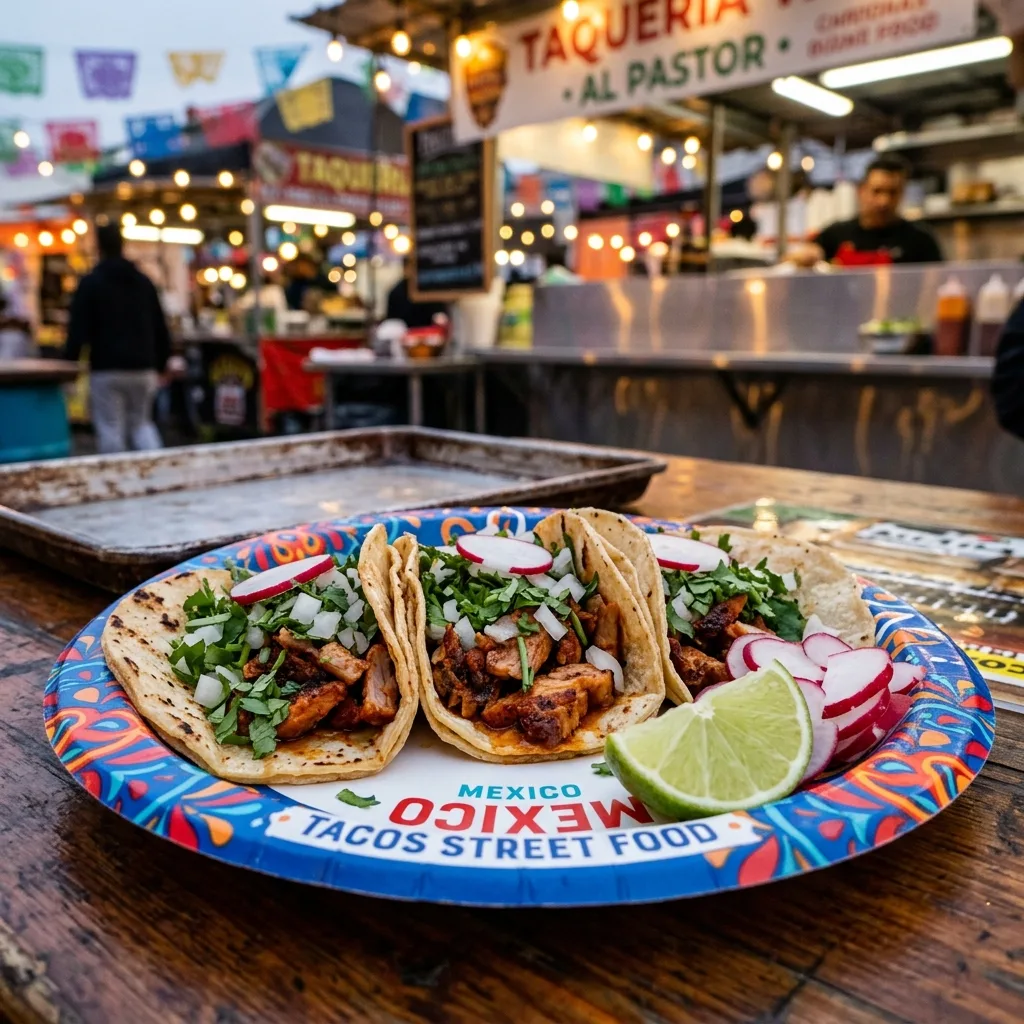 Three fresh Mexican street tacos topped with chopped cilantro, onions, and radishes, served with a lime wedge on a paper plate