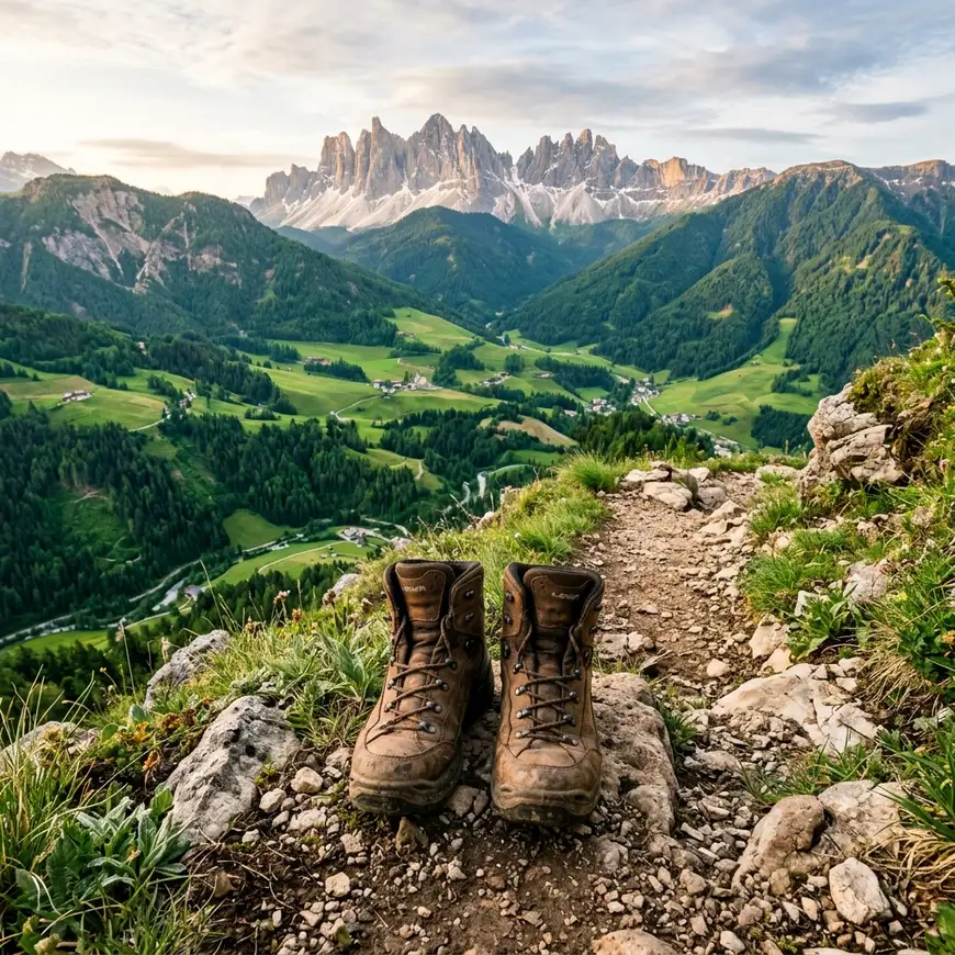 A pair of sturdy brown leather hiking boots standing on a dirt trail looking out over a lush mountainous landscape