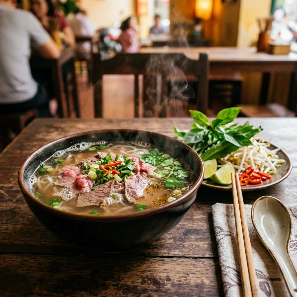 A steaming hot bowl of Vietnamese beef pho noodle soup garnishing with cilantro and onion on a rustic table