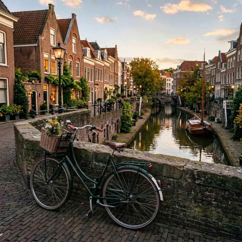 A classic black city bicycle parked against a stone bridge overlooking a serene canal in a European city