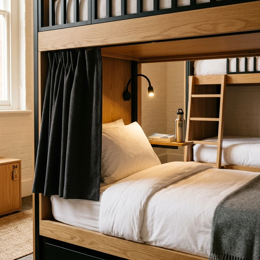 A modern design-forward hostel bunk bed featuring clean white sheets, a built-in reading light, and a dark grey privacy curtain